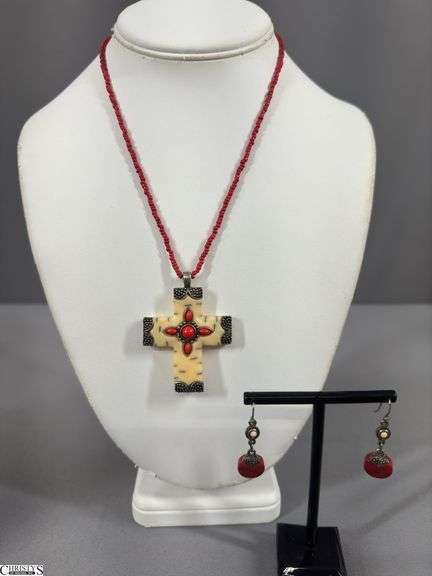 Red Beaded Chain with Cross Necklace and Red Earrings image