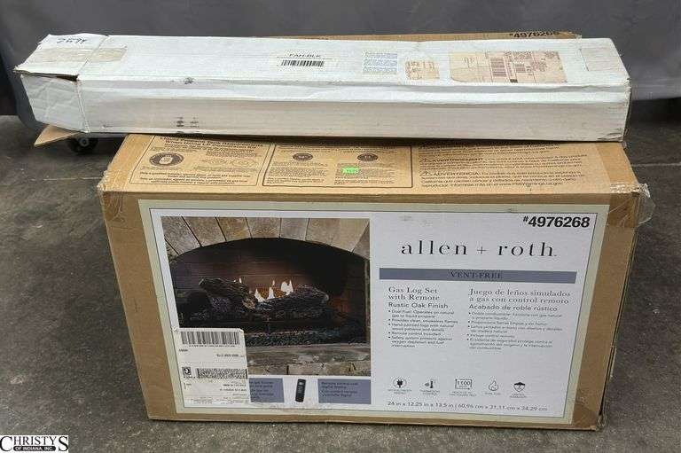 Allen & Roth Gas log set, adjustable fireplace hood, store return overstock shelf pull image