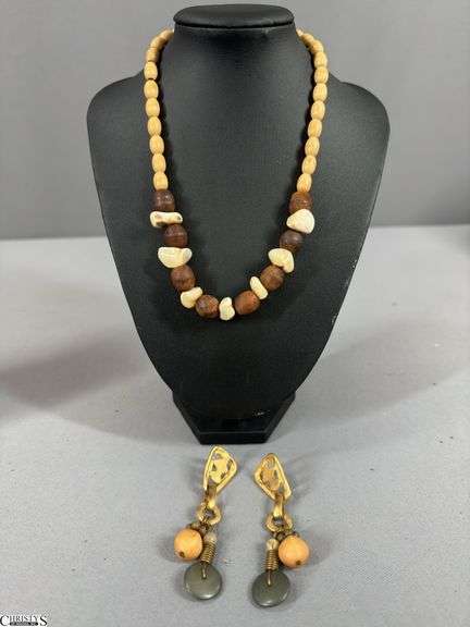 Brown/Beige Wood Color Necklace and Earrings image