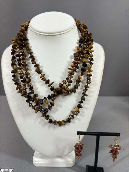 Long Brown Stone Necklace with Brown Stone Earrings image