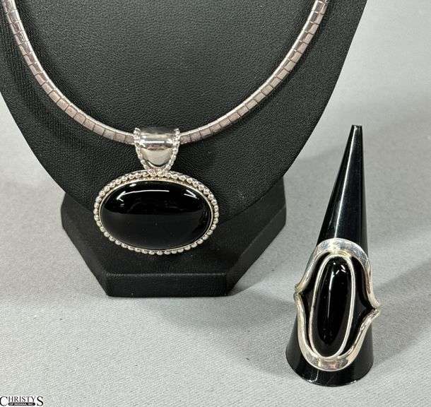 Mexican Silver Ring and Necklace Set with Black Stone image