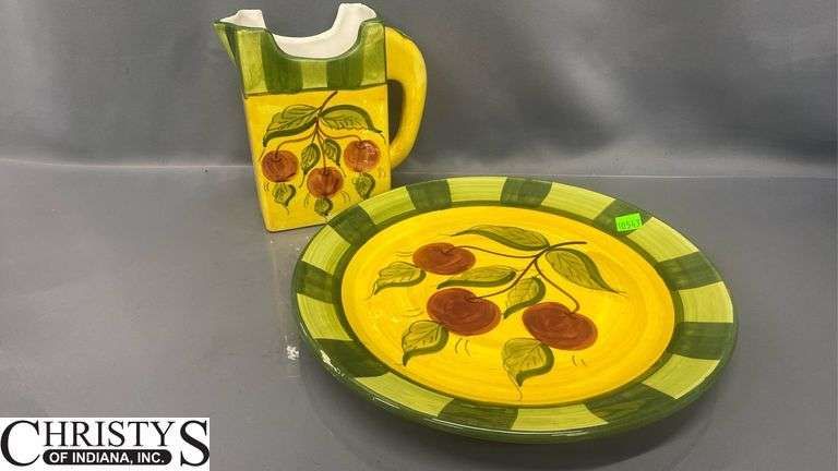Pottery Items Watermelon 9" Tall, Plate, Rabbits Some Chips and Wear