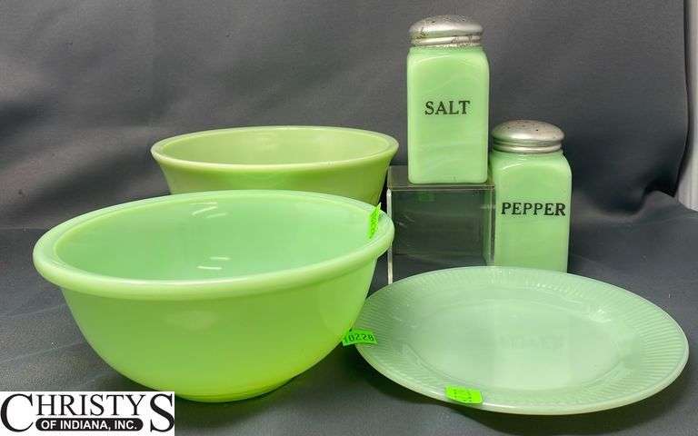 Green Fire King Plate, Jadeite Mixing Bowls Largest 8" Wide, Salt & Pepper Shakers