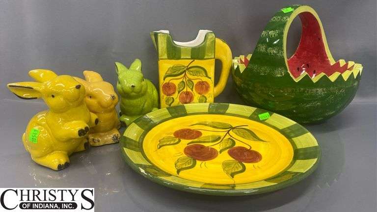 Pottery Items Watermelon 9" Tall, Plate, Rabbits Some Chips and Wear