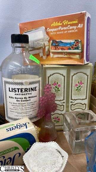 Razors, Blades, Remington Princess Electric Shaver in Original Box, Listerine, Killinger Hi-Jacs Cloth Coasters in Original Box, Hand Mirrors, Hair Combs, Perfume Bottles, Compact Purse Carry-All in Original Box, Bath Oil, Jergens Soap Bar