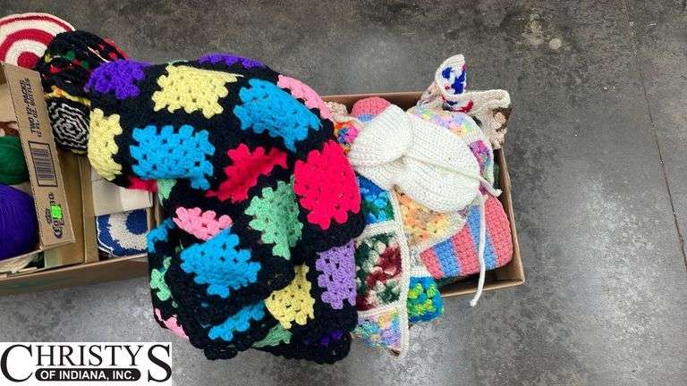 Boxes of Knitting Yarn and Crochet Afghans, Pot Holders