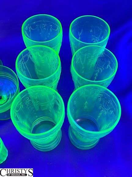 6 Anchor Hocking Cameo Green UV Reactive Tumblers, 3 Other Custards, Bread Plate and Shot Glass