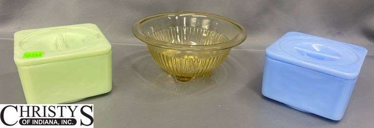 Lidded Jars and Vaseline Glass Bowl 6.5"x3"