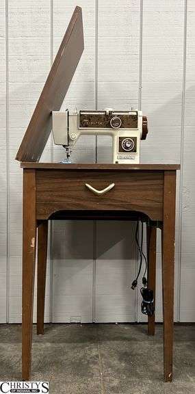 Wood Sewing Table, Flip-Top, with Super Stretch Gimbels Sewing Machine, a Lot of Wear to Table, Sewing Machine Untested, Table Measures 21.5x17.5x31