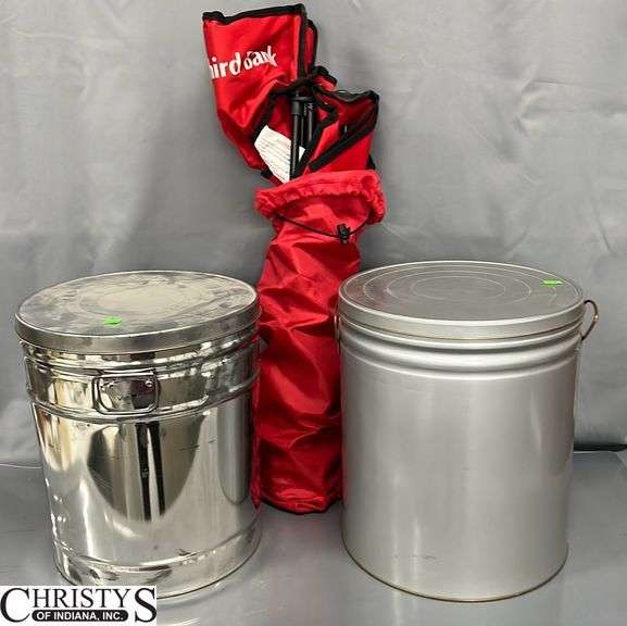 Two Empty Metal Tins with Lids 12x14, Red Camping Chair