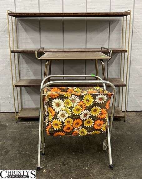 Three Pieces Mid Century - Bookshelf 36x9.5x35, Rolling Table, Sewing Basket/Stand