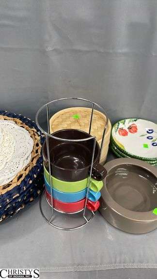 Place Mats, Coffee Mugs in Holder 12" Tall, Bowls,