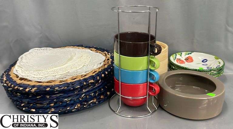 Place Mats, Coffee Mugs in Holder 12" Tall, Bowls,