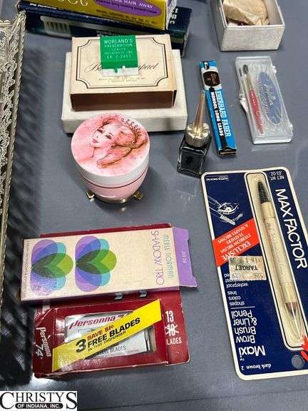 Metal Dresser Mirror, Avon Sample Lipsticks, Soaps, Soaps, Colognes, Hat Pins, Tray Measures 18x12