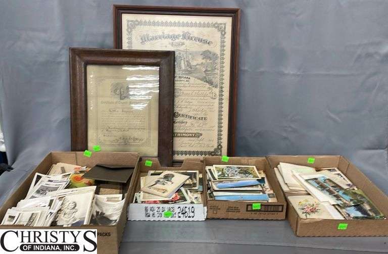 Postcards, Old Photographs, Framed Wedding Certificate from 1909 Measures 16x21