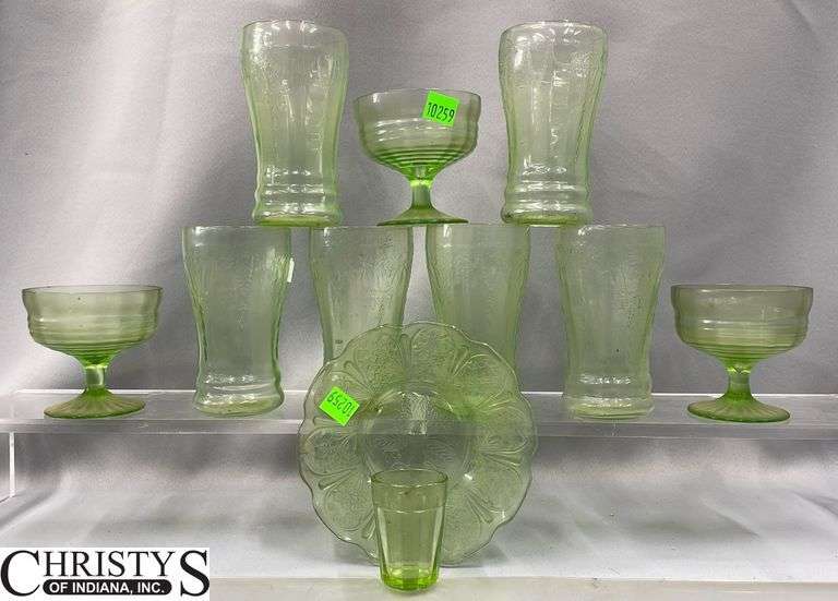 6 Anchor Hocking Cameo Green UV Reactive Tumblers, 3 Other Custards, Bread Plate and Shot Glass