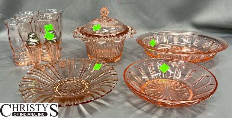 10pcs Pink Depression Glass, Cups, Salt and Peppers, Lattice Edge Bowl, Oval Dish Largest 10"x8"