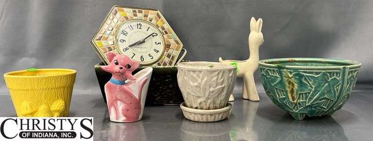 Electric GE Wall Clock, Hull and Other Planters, Largest 7.5x5