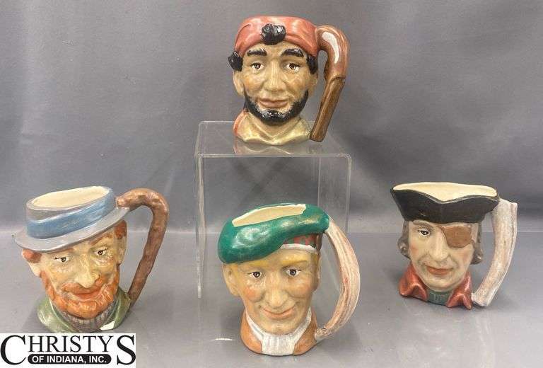 Four Hand-Painted Head Mugs, One has a Chip, Tallest 5.5"