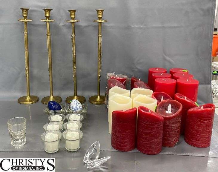Candles, Brass Holders 16" Tall, Votives