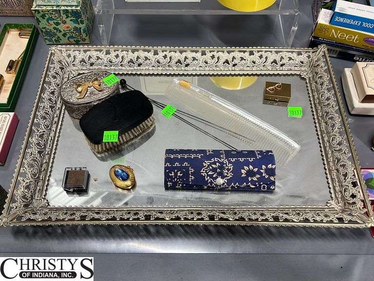 Metal Dresser Mirror, Avon Sample Lipsticks, Soaps, Soaps, Colognes, Hat Pins, Tray Measures 18x12