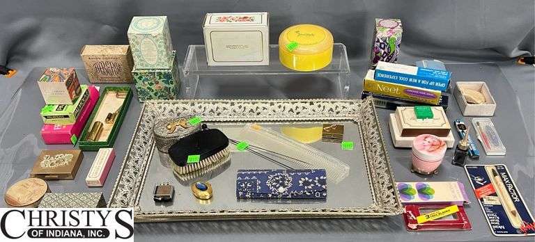 Metal Dresser Mirror, Avon Sample Lipsticks, Soaps, Soaps, Colognes, Hat Pins, Tray Measures 18x12