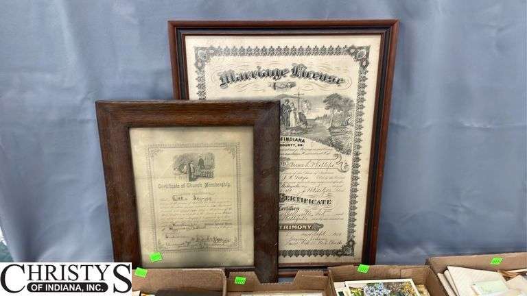 Postcards, Old Photographs, Framed Wedding Certificate from 1909 Measures 16x21