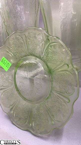 6 Anchor Hocking Cameo Green UV Reactive Tumblers, 3 Other Custards, Bread Plate and Shot Glass
