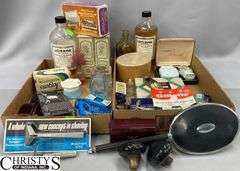 Razors, Blades, Remington Princess Electric Shaver in Original Box, Listerine, Killinger Hi-Jacs Cloth Coasters in Original Box, Hand Mirrors, Hair Combs, Perfume Bottles, Compact Purse Carry-All in Original Box, Bath Oil, Jergens Soap Bar
