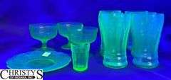 6 Anchor Hocking Cameo Green UV Reactive Tumblers, 3 Other Custards, Bread Plate and Shot Glass