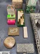 Metal Dresser Mirror, Avon Sample Lipsticks, Soaps, Soaps, Colognes, Hat Pins, Tray Measures 18x12