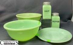 Green Fire King Plate, Jadeite Mixing Bowls Largest 8" Wide, Salt & Pepper Shakers