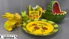 Pottery Items Watermelon 9" Tall, Plate, Rabbits Some Chips and Wear
