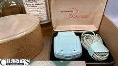 Razors, Blades, Remington Princess Electric Shaver in Original Box, Listerine, Killinger Hi-Jacs Cloth Coasters in Original Box, Hand Mirrors, Hair Combs, Perfume Bottles, Compact Purse Carry-All in Original Box, Bath Oil, Jergens Soap Bar