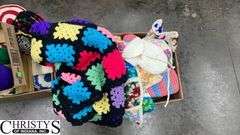 Boxes of Knitting Yarn and Crochet Afghans, Pot Holders
