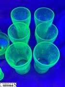 6 Anchor Hocking Cameo Green UV Reactive Tumblers, 3 Other Custards, Bread Plate and Shot Glass