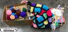 Boxes of Knitting Yarn and Crochet Afghans, Pot Holders