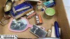 Razors, Blades, Remington Princess Electric Shaver in Original Box, Listerine, Killinger Hi-Jacs Cloth Coasters in Original Box, Hand Mirrors, Hair Combs, Perfume Bottles, Compact Purse Carry-All in Original Box, Bath Oil, Jergens Soap Bar