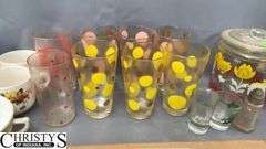 Mid Century Drinking Glasses, Glass Mugs Tallest 6", Glass Jar with Lid, Ceramic Cups