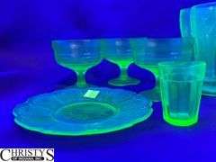 6 Anchor Hocking Cameo Green UV Reactive Tumblers, 3 Other Custards, Bread Plate and Shot Glass