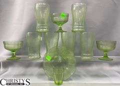 6 Anchor Hocking Cameo Green UV Reactive Tumblers, 3 Other Custards, Bread Plate and Shot Glass