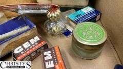 Razors, Blades, Remington Princess Electric Shaver in Original Box, Listerine, Killinger Hi-Jacs Cloth Coasters in Original Box, Hand Mirrors, Hair Combs, Perfume Bottles, Compact Purse Carry-All in Original Box, Bath Oil, Jergens Soap Bar