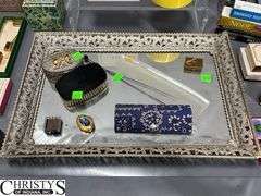 Metal Dresser Mirror, Avon Sample Lipsticks, Soaps, Soaps, Colognes, Hat Pins, Tray Measures 18x12