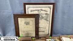 Postcards, Old Photographs, Framed Wedding Certificate from 1909 Measures 16x21