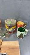 Mid Century Drinking Glasses, Glass Mugs Tallest 6", Glass Jar with Lid, Ceramic Cups