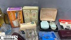 Razors, Blades, Remington Princess Electric Shaver in Original Box, Listerine, Killinger Hi-Jacs Cloth Coasters in Original Box, Hand Mirrors, Hair Combs, Perfume Bottles, Compact Purse Carry-All in Original Box, Bath Oil, Jergens Soap Bar
