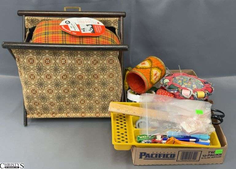 Sewing Caddy with Dressmakers Ham, Yarn, Pin Cushions, Various Notions - 14" x 12" of caddy image
