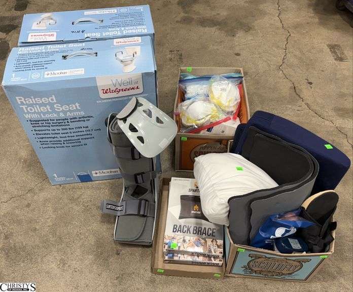 Assorted Home Health Supplies - Raised Toilet Seats, Ortho Cuffs, Back Brace, Face Masks, Misc image