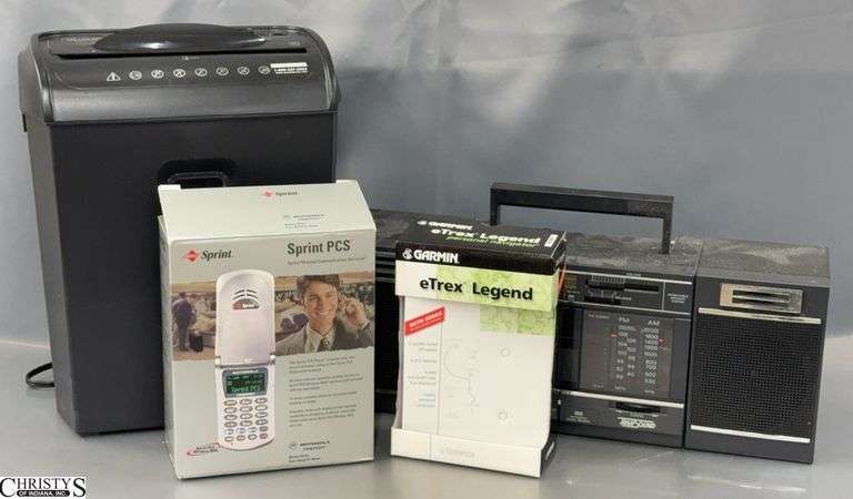 Pen and Gear Paper Shredder, Garmin eTrex Legend, Sprint PCS Flip Phone, Sony Radio image
