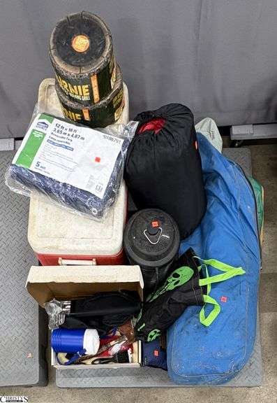 Skid of Camp Supplies - Large Cooler, Hatchet, Sleeping Bag, Tent, Electric Bug Zapper, Tarp, Misc - Shows Wear - SKID NOT INCLUDED image